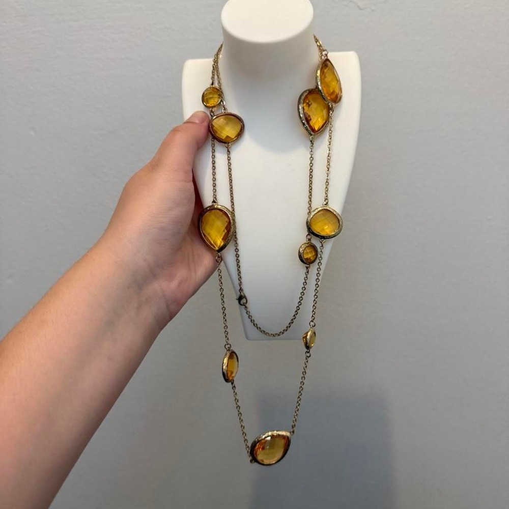 Amber Honey Faceted Long Station Necklace Gold Tone Layering Boho Statement